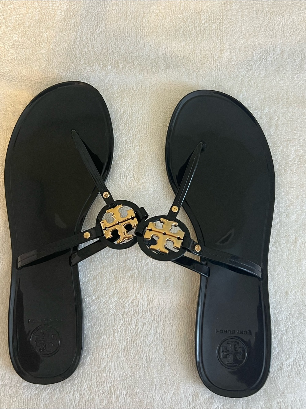 Tory Burch Black Jelly Logo Sandals Gold Hardware Size 10